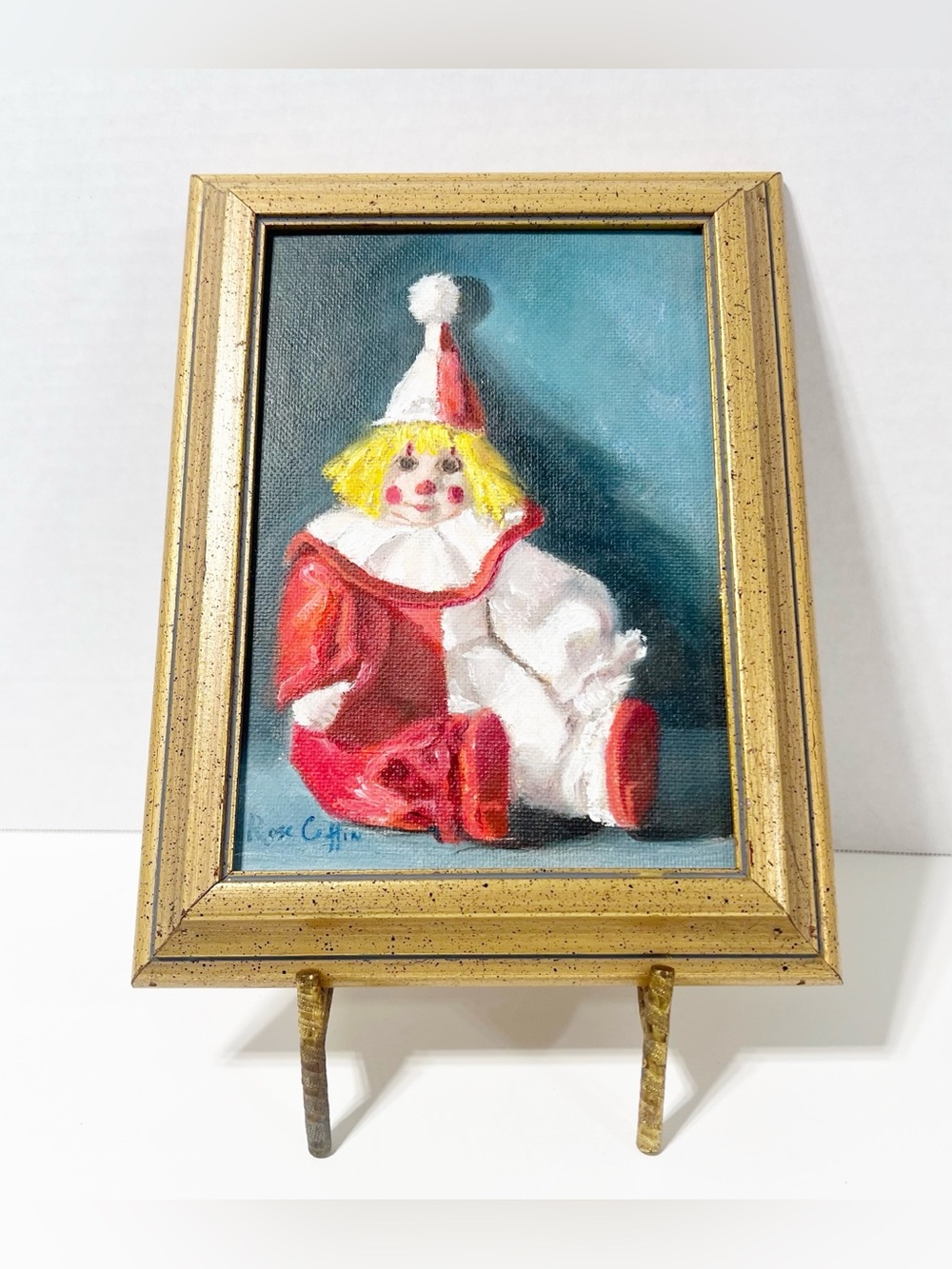 Rose Coffin Cute Clown Original Small Framed Oil Painting Signed